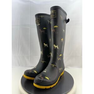 Joules Welly Print Dogs Womens Size 8 Black Knee-High Rubber Rain Boots